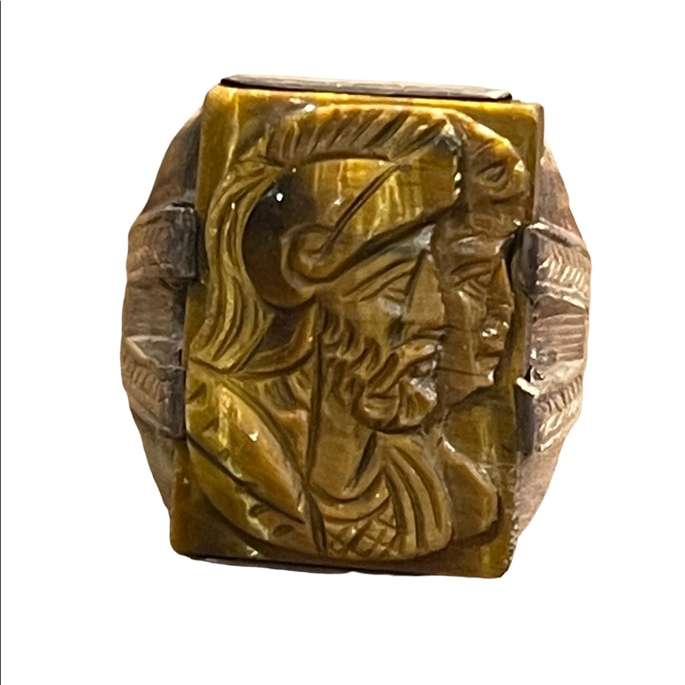 Antique sterling Tiger eye trojan cameo ring